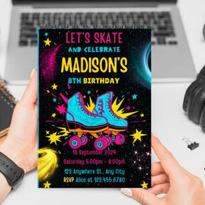 Convite de aniversário de patinação, modelo de convite para festa de patinação retrô, aniversário de patinação editável para impressão digital, download para crianças T45