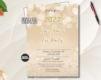 Könnte beinhalten: Eine bearbeitbare Einladungsvorlage für eine Silvesterparty 2027 mit beigem Hintergrund, goldenen Bokeh-Lichtern und Glitzer. Der Text enthält Join us for a 2027 New Year's Eve Party, Friday, December 31 at 8:00 PM sowie RSVP-Informationen.
