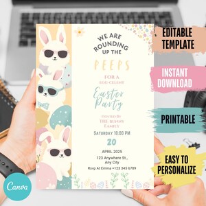 Hosting an Easter Egg Hunt? This EDITABLE Easter Bunny Invite is just what you need! The gold Easter egg design adds a touch of elegance, while the customizable text makes it perfect for your Party with my Peeps theme. This instant download is a printable template that saves you time and effort. Spread joy this Easter with a beautifully designed invitation!
