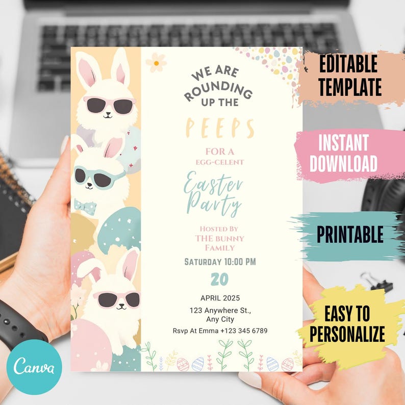 Hosting an Easter Egg Hunt? This EDITABLE Easter Bunny Invite is just what you need! The gold Easter egg design adds a touch of elegance, while the customizable text makes it perfect for your Party with my Peeps theme. This instant download is a printable template that saves you time and effort. Spread joy this Easter with a beautifully designed invitation!