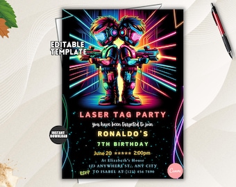 Invitación de cumpleaños con temática de laser tag editable, plantilla de invitación para fiesta con efecto neón (descarga instantánea)