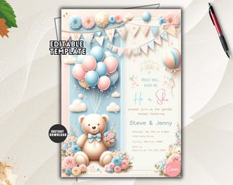 Puede incluir: Una plantilla de invitación editable para revelación de género con un oso de peluche, globos y banderines. El texto incluye: EDITABLE TEMPLATE, INSTANT DOWNLOAD, WHAT WILL BABY BE, He or She, please join us for gender reveal honoring, Steve & Jenny.