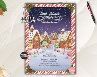 May include: A rectangular holiday party invitation template featuring a gingerbread village scene with candy-decorated houses, lollipops, and snow. The border is red and white striped with holly accents. Text includes Sweet Holiday Party, Life Is Short Eat Dessert, Hosted By The Jolly Family, Saturday 10:00 PM, 25 December 2025, 123 Anywhere St., Any City, and Rsvp At Emma +123 345 6789.