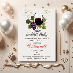 Invito di compleanno modificabile a tema vino, elegante invito per festeggiamenti in cantina, modello stampabile per cocktail party, download immediato per festa del vino per adulti S2