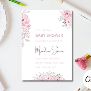 Bearbeitbare Blush Pink Blumen-Babyparty-Einladung, Boho-Baby-Dusche-Party einladen, Mädchen-Baby-Dusche Einladung, Instant Download DB2