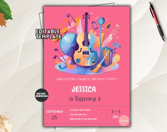 Puede incluir: Una plantilla de invitación de cumpleaños rosa con una ilustración central de una guitarra e instrumentos musicales. El texto incluye "EDITABLE TEMPLATE", "JOIN US FOR A MUSICAL BIRTHDAY PARTY", "JESSICA is turning 6" y detalles.