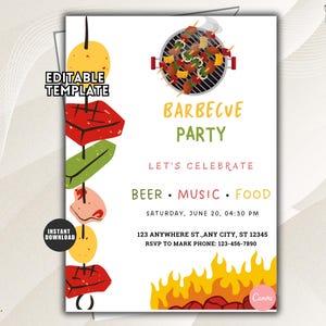 May include: A white barbecue party invitation template featuring a vertical skewer of grilled vegetables and meat on the left, a charcoal grill with food on top, and yellow flames at the bottom. Text includes BARBECUE PARTY, BEER, MUSIC, FOOD, and placeholder event details.