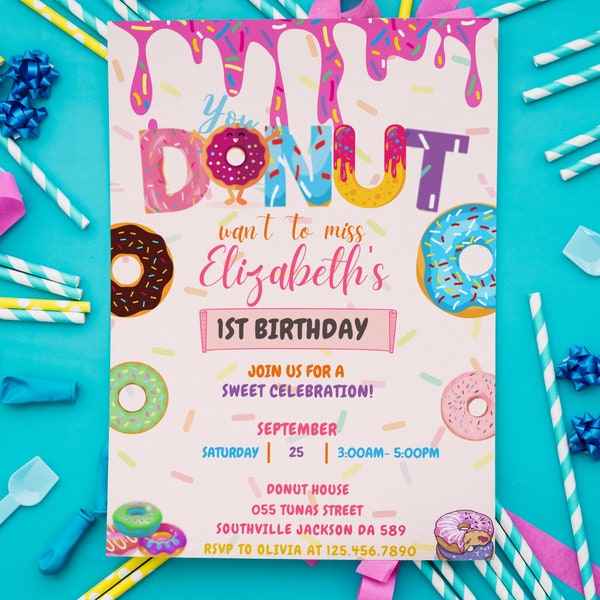 Sweet Donut Birthday Invitation Girl, Editable Donut Birthday Invite, Any Age Donut Birthday Party Invitation, Donut Sweet Celebration
