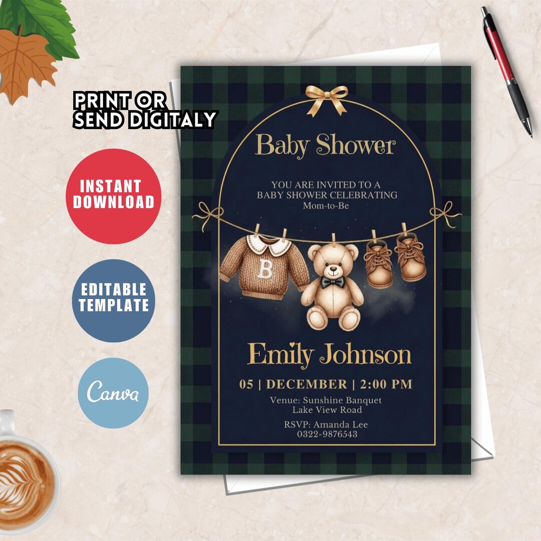 Plaid Baby Shower Invitation | Preppy Teddy Bear Theme (canva Template ...