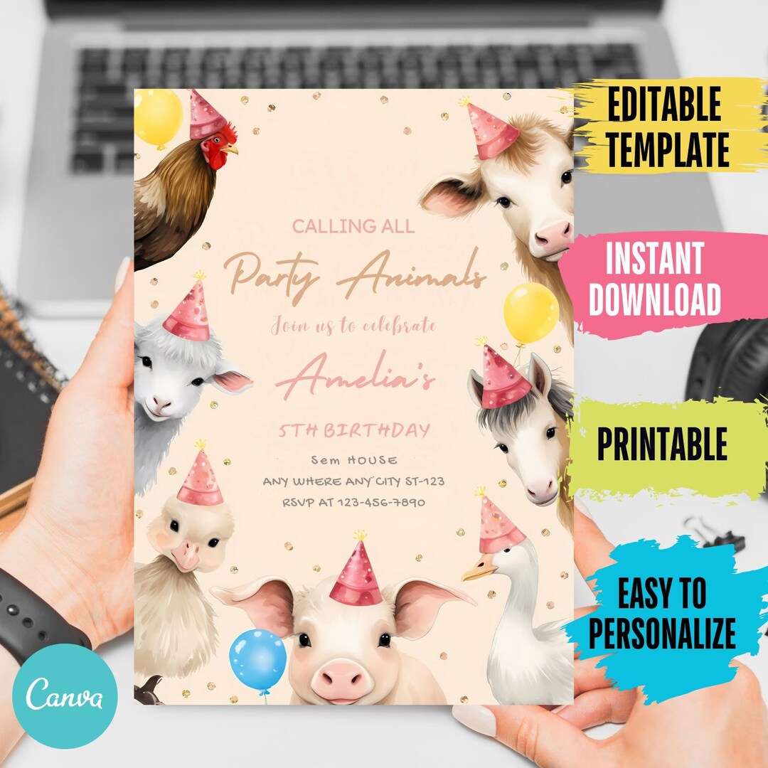 Editable Calling All Party Animals Farm Girl Birthday Invitation Pink Farm Birthday Party Invite Farm Animals Birthday Invite Printable FA1 - Etsy Japan