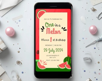 Watermelon Birthday Evite, "One In A Melon" Theme (Digital Download)