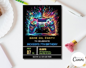 Neon Game On Birthday Invitation, Gamer Boy Template (Instant Download)