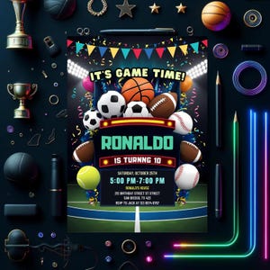 Bearbeitbare Sport-Geburtstags-Einladung Sport-Thema Sport-Evite-Party-Vorlage All-Star-Joint-Sport einladen, Fußball Basketball Football Party