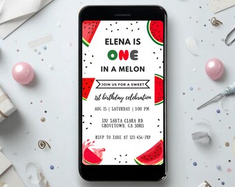 Watermelon Birthday Invite, One in a Melon, Summer Fruit (Digital)