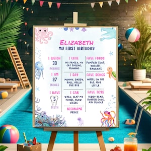 BEWERKBAAR Under The Sea First Birthday mijlpaalbord, Oneder The Sea mijlpaalposter, Ocean Party mijlpaalbord, zeeleven downloaden L09