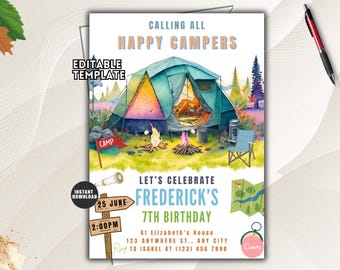 Camping Birthday Invitation Template, Bonfire Campout (Digital Download)