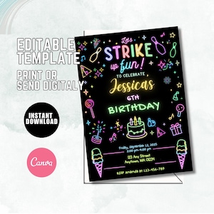 Editable Neon Bowling Birthday Invitation, Glow Bowling Invitation, Neon Glow Party, Boy Bowling Invite, Strike Up Some Fun Instant Download
