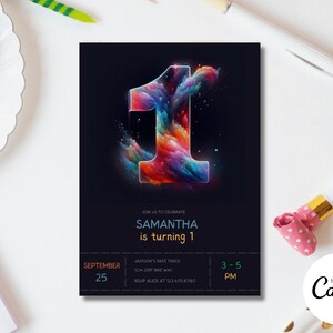 Invitación arcoíris para primer cumpleaños, invitación editable y elegante, invitación digital moderna para primer cumpleaños arcoíris, invitación arcoíris pastel F1