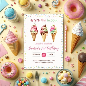 Ice Cream Birthday Invitation. Icecream Sweet Party Here&#39;s the Scoop Pink Purple Gold Girl Birthday EDITABLE Invite. Printable Download K32