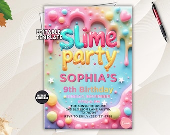 Slime Birthday Invitation, Editable Kids Party Invite (Digital Download)