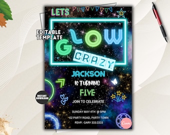 Editable Neon Glow Birthday Invitation, Boys Glow Party (Digital Download)