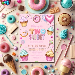 Two Sweet Birthday Invitation, Two Sweet Invitation, 2nd Birthday Invitation, Candy Sweets Donut Birthday Invite, Donut Instant Download T67