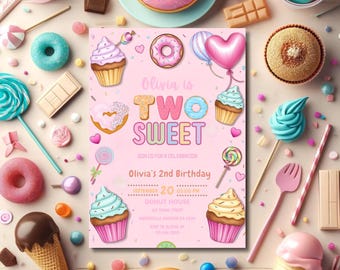 Two Sweet Donut 2nd Birthday Invitation, Candy Theme (Digital Download)