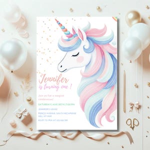 Unicorn Birthday Invitation Template, Rainbow Unicorn Invitation, Pastel Rainbow Unicorn Girls Invite, Magical Day Birthday Invitation U89