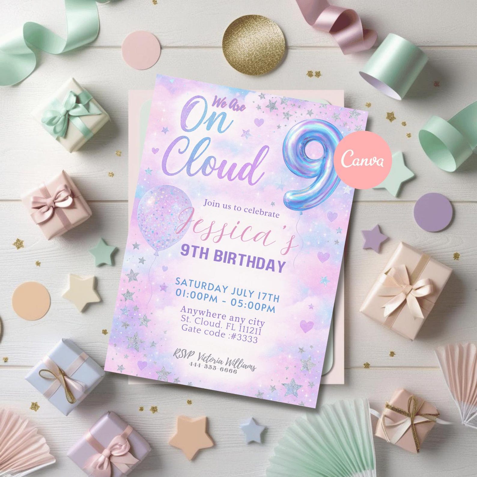 Cloud 9 Birthday Invitation Editable Cloud Nine Birthday Invitation ...