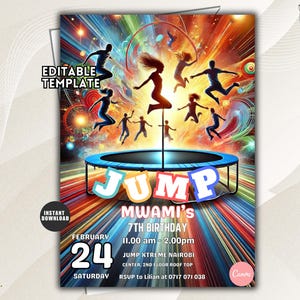 Pode incluir: Um modelo de convite de aniversário com um trampolim azul e silhuetas de pessoas saltando contra um fundo vibrante e multicolorido com raios de luz. O texto inclui JUMP, MWAMI'S 7TH BIRTHDAY, FEBRUARY 24 e detalhes do evento.