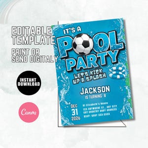 Football Pool Party Invitation Template, Splash Birthday Invite, Editable Teen and Kids Swimming Birthday Invite, Summer Sports Theme F64