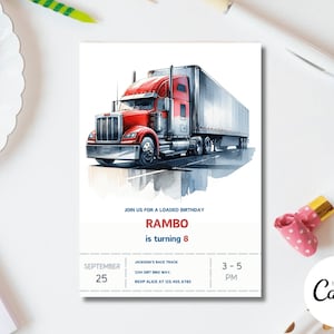 Invitación de cumpleaños editable de camión rojo, invitación de camión de 18 ruedas, invitación de cumpleaños de camión de 18 ruedas, invitación de camión de 18 ruedas, descarga instantánea J62