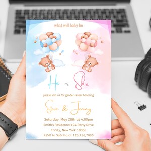 Teddy Bear Gender Reveal Invitation, Editable Boho Watercolor Template ...