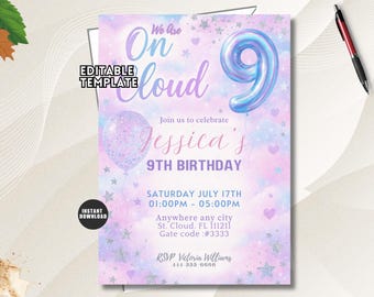 May include: A rectangular birthday invitation template featuring a pastel pink and blue cloud background with silver stars and hearts. It displays the text We Are On Cloud 9, Jessica's 9TH BIRTHDAY, date, time, location, and RSVP details in purple and blue.