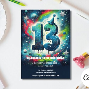 Boy 13th Birthday Invitation, Editable 13th Neon Birthday Invitation, Boy Birthday Invitation, Thirteen Party Invite Editable Template T22