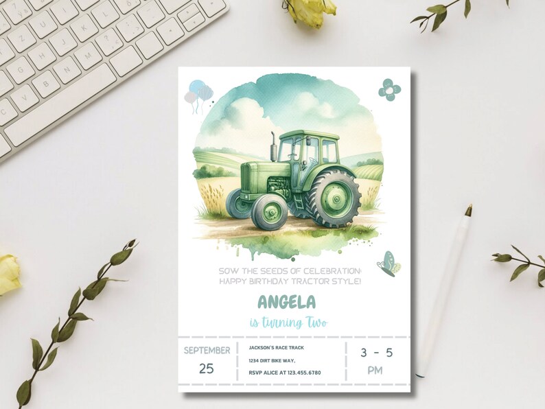 Editable Green Tractor Birthday Invitation, Farm Theme (printable ...