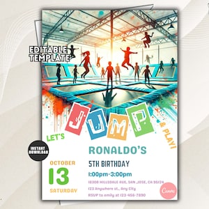 Pode incluir: Um modelo de convite para festa de aniversário com uma cena de parque de trampolins e silhuetas de crianças pulando. O texto diz JUMP, LET'S & PLAY, RONALDO'S 5TH BIRTHDAY, OCTOBER 13 SATURDAY, 1:00pm-3:00pm, 1830B HILLSDALE AVE, SAN JOSE, CA 95124.