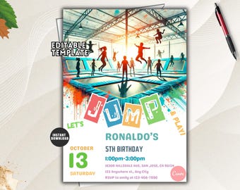 May include: A birthday party invitation template featuring a trampoline park scene with silhouettes of children jumping. The text reads JUMP, LET'S & PLAY, RONALDO'S 5TH BIRTHDAY, OCTOBER 13 SATURDAY, 1:00pm-3:00pm, 1830B HILLSDALE AVE, SAN JOSE, CA 95124.