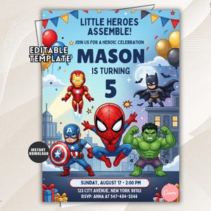 Convite de Aniversário Pequenos Heróis, Convite para Festa Infantil de Super-Heróis, Modelo de Ação em Quadrinhos