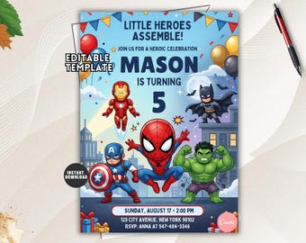Little Heroes Birthday Invitation, Superhero Kids Party Invite, Comic Action Template