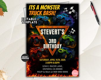 Monster Truck Birthday Invitation, Editable Canva Template (Printable)