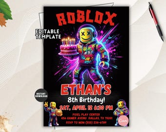 Roblox Birthday Invitation, Block Building Pixel Game Party Invite, Editable Kids Gamer Template