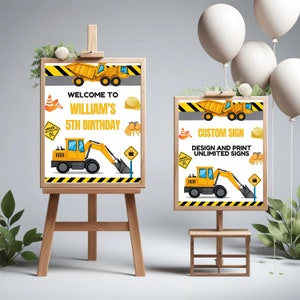 Può includere: Due cartelli di compleanno a tema edile con strisce gialle e nere. Il cartello più grande dice "Benvenuto al 5° compleanno di William" con un escavatore giallo e altre icone di costruzione. Il cartello più piccolo dice "Cartello personalizzato Progetta e stampa cartelli illimitati" con un camion ribaltabile giallo e altre icone di costruzione.