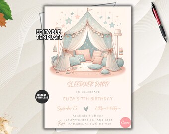 Minimalistische verjaardagsuitnodiging logeerpartij, glampingtent (afdrukbare bewerkbare download)
