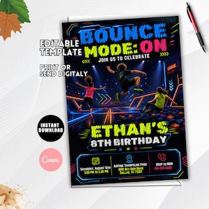 May include: Black and blue birthday party invitation with the text "Bounce Mode: On" and "Ethan's 8th Birthday". The invitation features illustrations of children jumping on a trampoline. Includes event details and RSVP information.