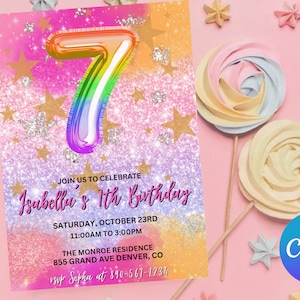 Bewerkbare roze 7e verjaardag uitnodiging sjabloon glitter verjaardag uitnodigen regenboog folie meisje zevende verjaardag uitnodigen Instant Download digitale U7