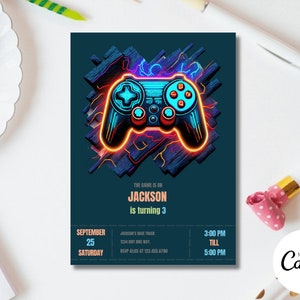 Video Game Birthday Invitation, Editable Neon Gamer Party Template, Boy Glow Invite Printable Download for Kids Gaming Birthday Party P4