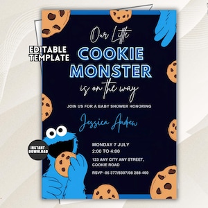 May include: A dark blue baby shower invitation template featuring a blue furry character eating a chocolate chip cookie. The text reads Our Little COOKIE MONSTER is on the way, JOIN US FOR A BABY SHOWER HONORING Jessica Andrew, MONDAY 7 JULY, 2:00 TO 4:00, 123 ANY CITY ANY STREET, COOKIE ROAD, RSVP -05 377/8307/08 288-460.