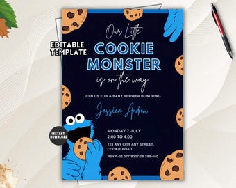 Cookie Monster Baby Shower Invitation, Blue Sesame Street Boy Shower (Editable Template)