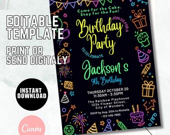 Neon Birthday Invitation, Glow Party Invite, Editable Canva Template (Digital Download)